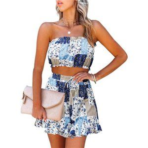 Women's Summer Boho Floral Strapless Crop Tube Top and Shorts Sets